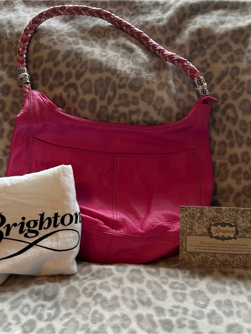 Brighton Hot Pink Leather Shoulder Bag with Braided Strap